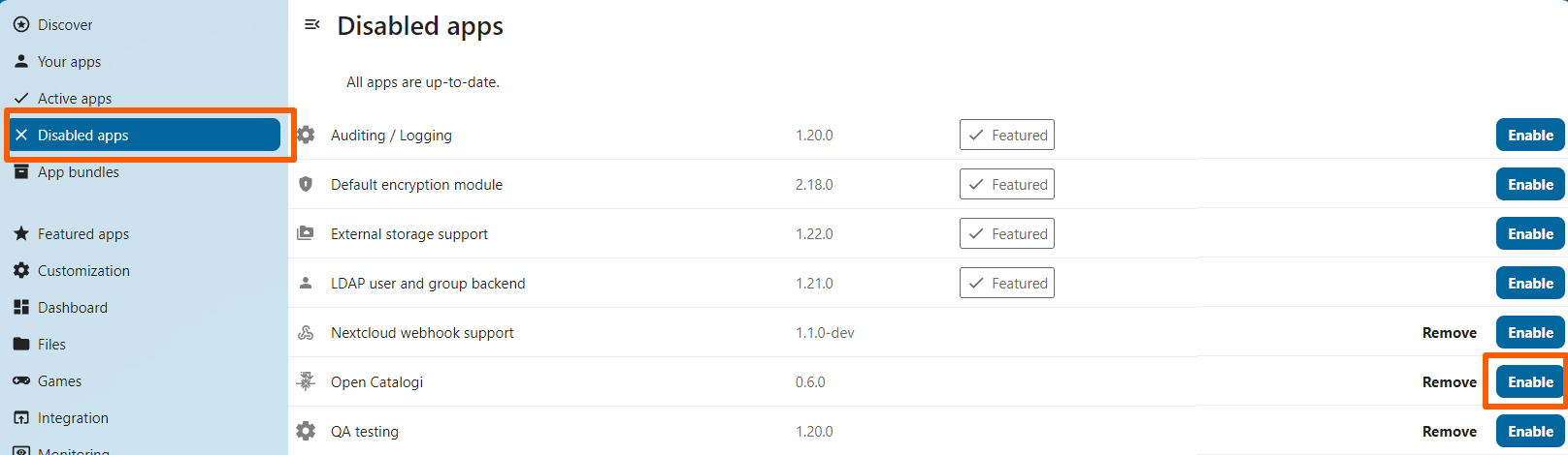 nextcloud uitgeschakelde apps